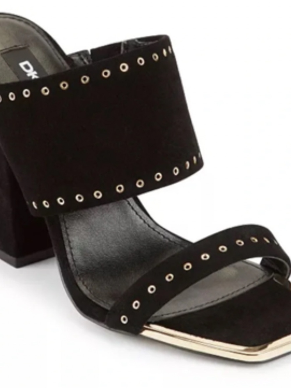 DKNY Black Studded Slide Mules with Gold Trim